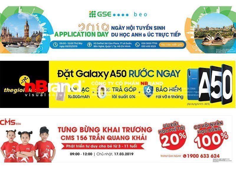 Các hãng lớn đều áp dụng phương thức in băng rôn để quảng cáo cho sản phẩm của mình như: thegioidiong, long chau, dien may xanh, dien may cho lon...
